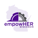 empowHER Wisconsin Logo: a light purple outline of the state of Wisconsin with an image of a gear and the text 'empowHER Wisconsin'. Click to visit their website.